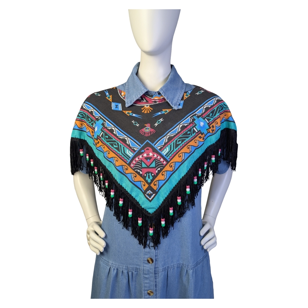 Southwestern Fringe Beaded Bandana Scarf Poncho | Festival Boho Western